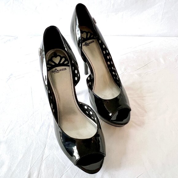 Fergalicious Black Patent Leather Heels, "Eileen-T" Peek-a-boo Toe, Size 9, EUC! - Picture 5 of 14